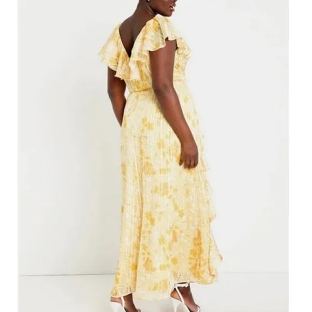 Eloquii Golden Yellow Floral Metallic Stripe Ruffle Sleeveless Maxi Dress - Picture 2 of 13